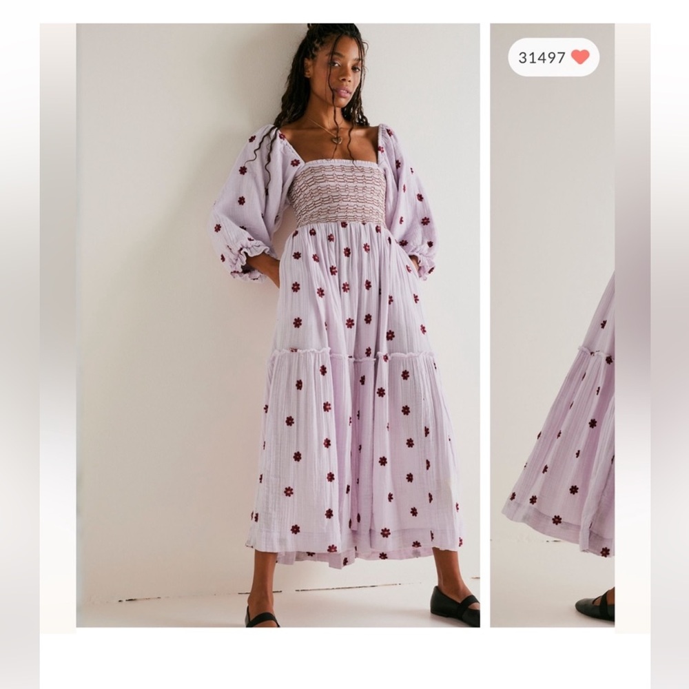 Free People Dahlia Embroidered Gauzy Smocked Puff Sleeve Maxi Dress Lavender
